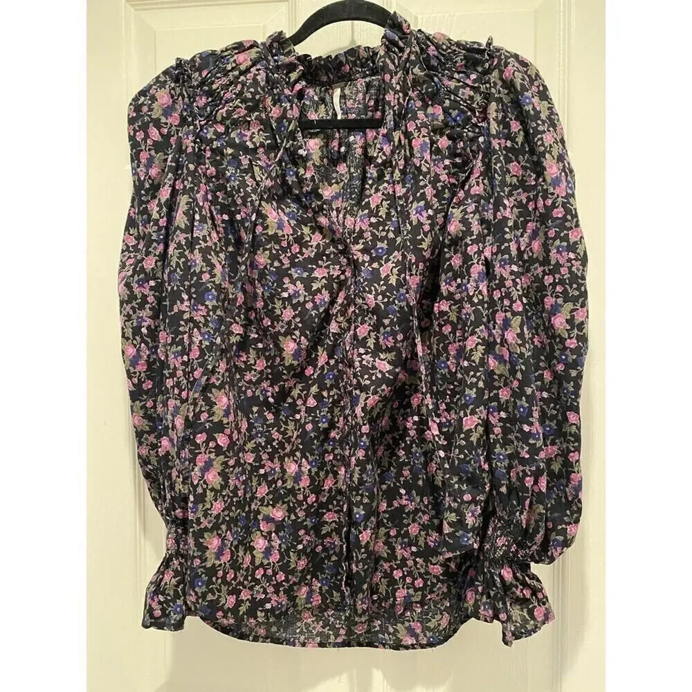 Free People Floral Peasant Blouse Medium Puff Shoulder Tunic Black Pink Roses